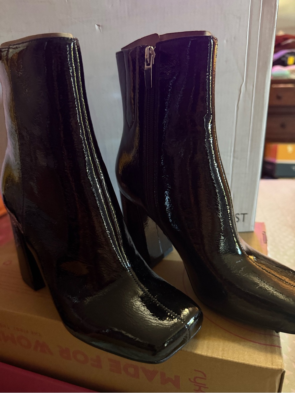 Nine West Black Patent Ankle Booties with Block Heel